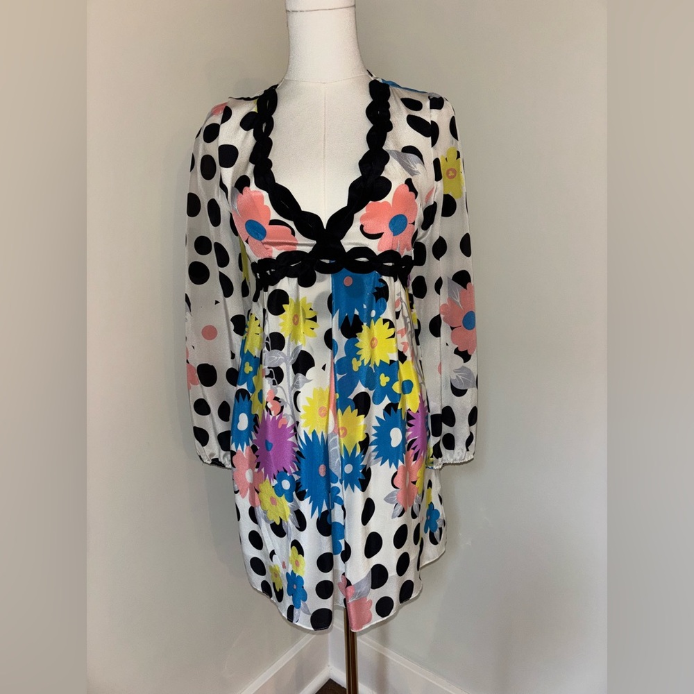 Floral Polka Dot Dress with Black Trim